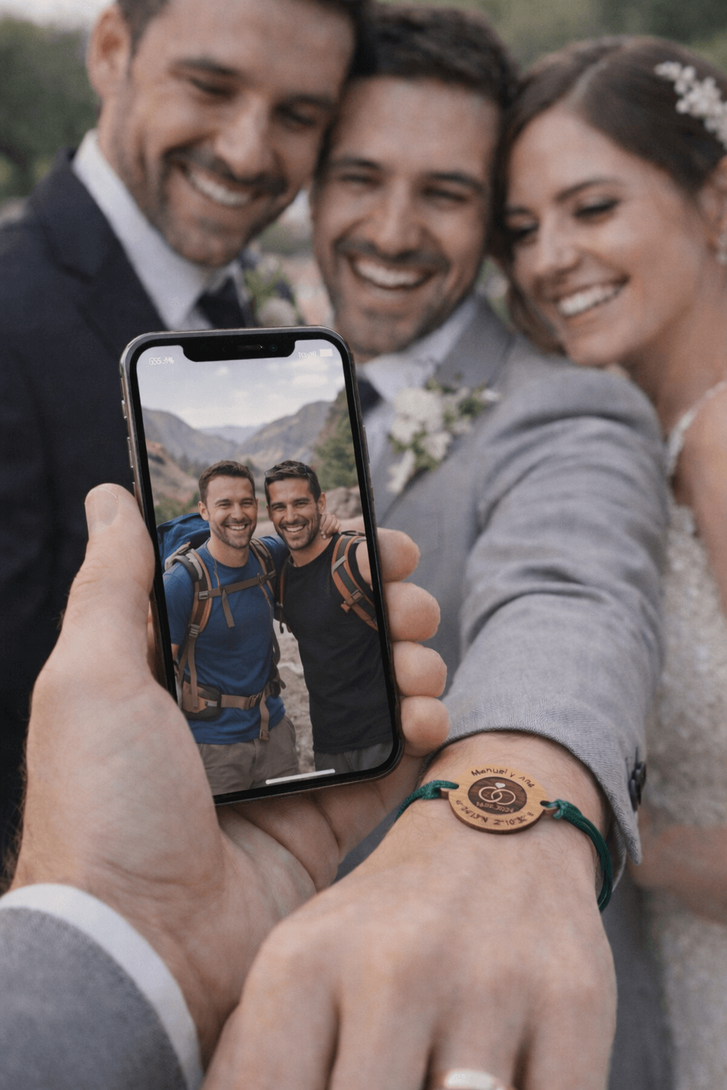 Novios y un invitado escaneando la pulsera NFC